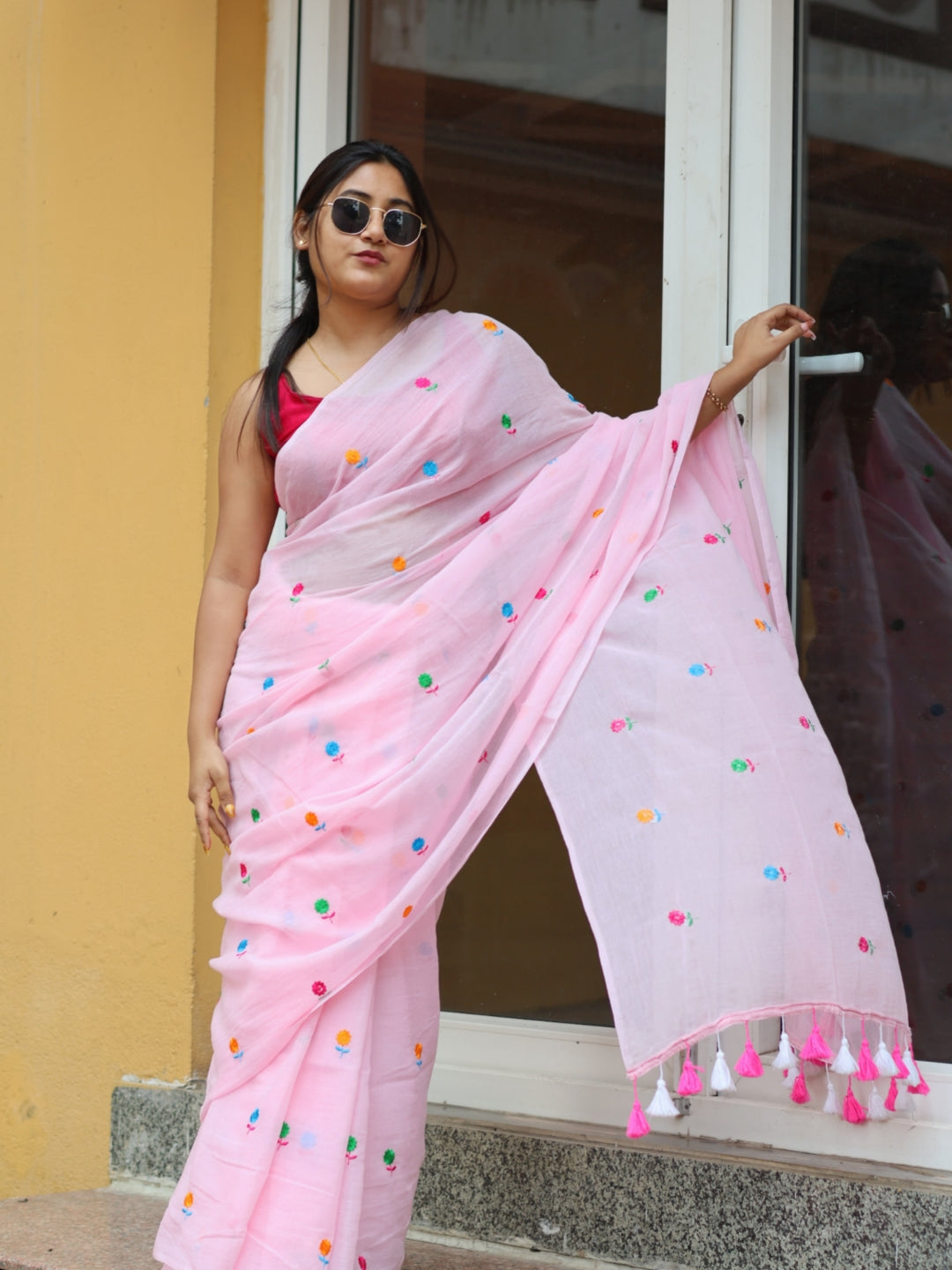 Pink Blush Embroidery Mulmul Cotton Saree