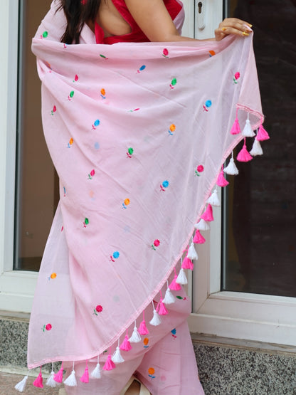 Pink Blush Embroidery Mulmul Cotton Saree