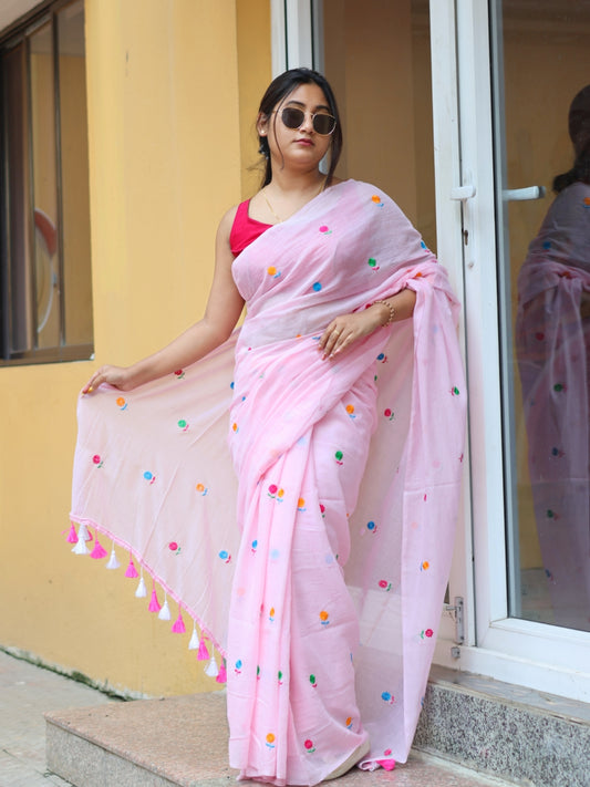 Pink Blush Embroidery Mulmul Cotton Saree