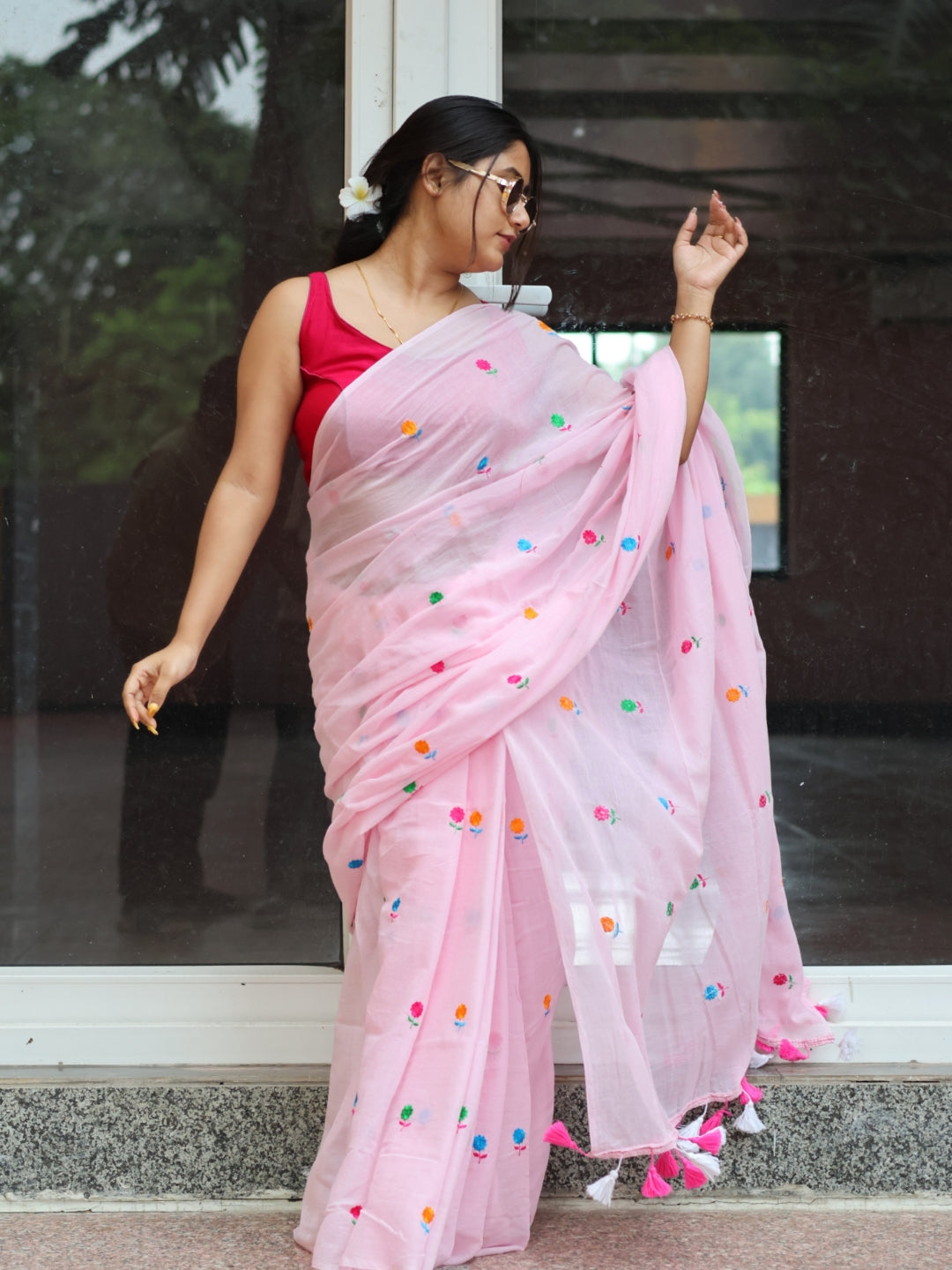 Pink Blush Embroidery Mulmul Cotton Saree