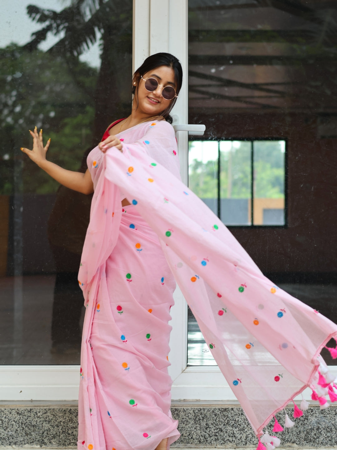 Pink Blush Embroidery Mulmul Cotton Saree