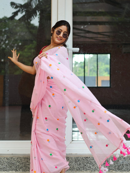 Pink Blush Embroidery Mulmul Cotton Saree