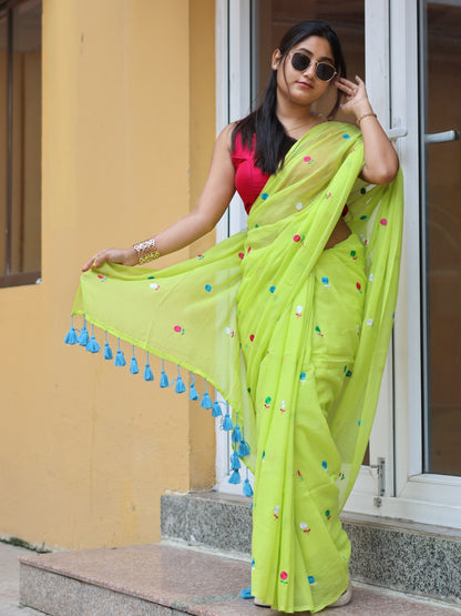 Lime Blossom Mulmul Cotton Saree