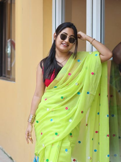 Lime Blossom Mulmul Cotton Saree