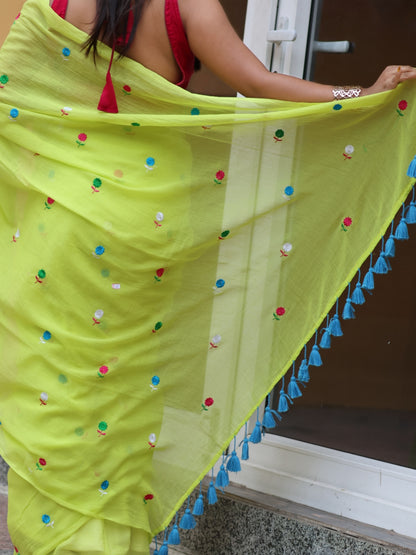 Lime Blossom Mulmul Cotton Saree