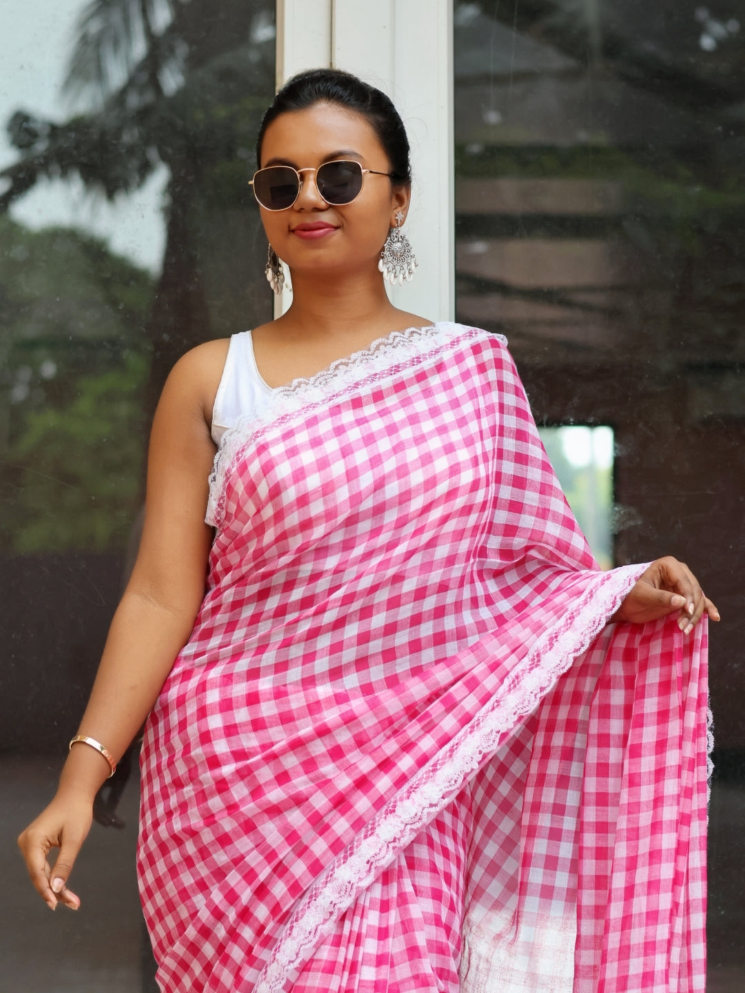 Pink Lace  border Mulmul Cotton Saree