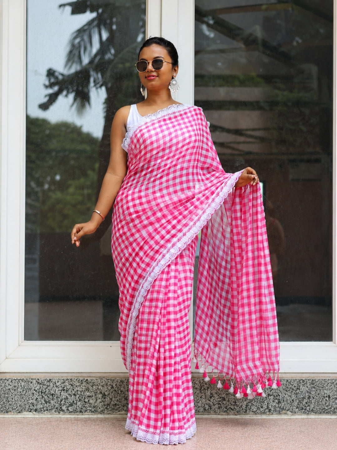 Pink Lace  border Mulmul Cotton Saree