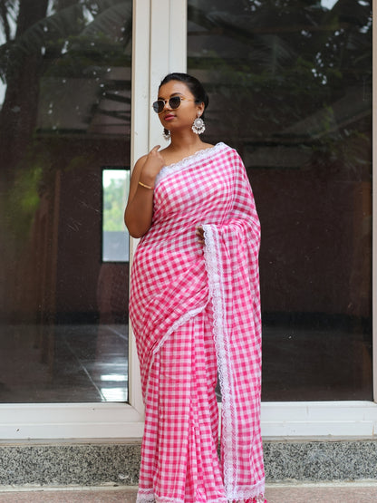 Pink Lace  border Mulmul Cotton Saree