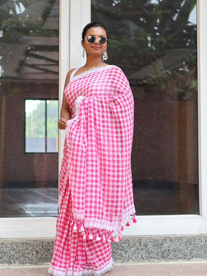 Pink Lace  border Mulmul Cotton Saree