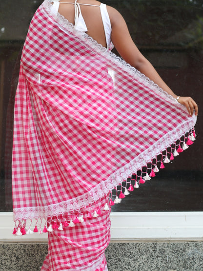 Pink Lace  border Mulmul Cotton Saree