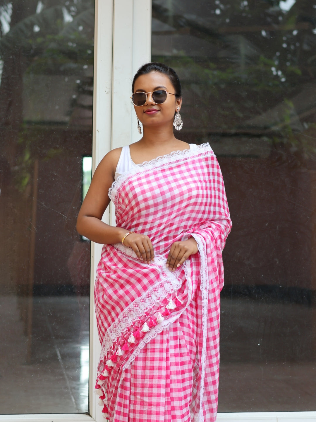 Pink Lace  border Mulmul Cotton Saree