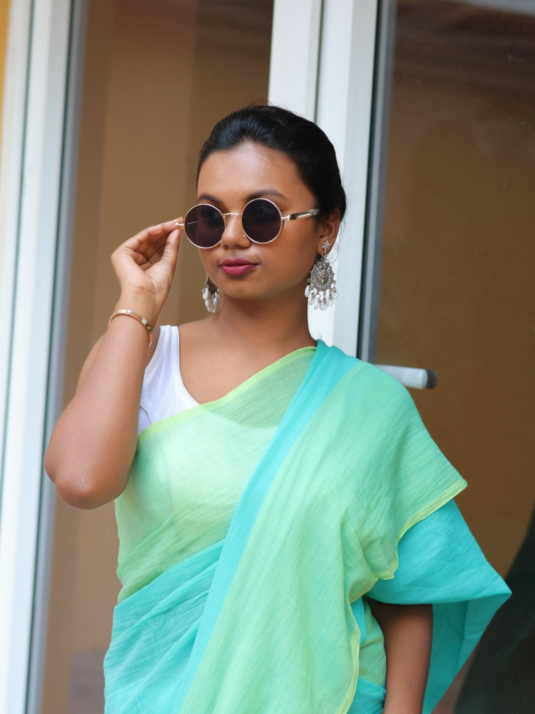 Aqua Bloom Mulmul Cotton Saree