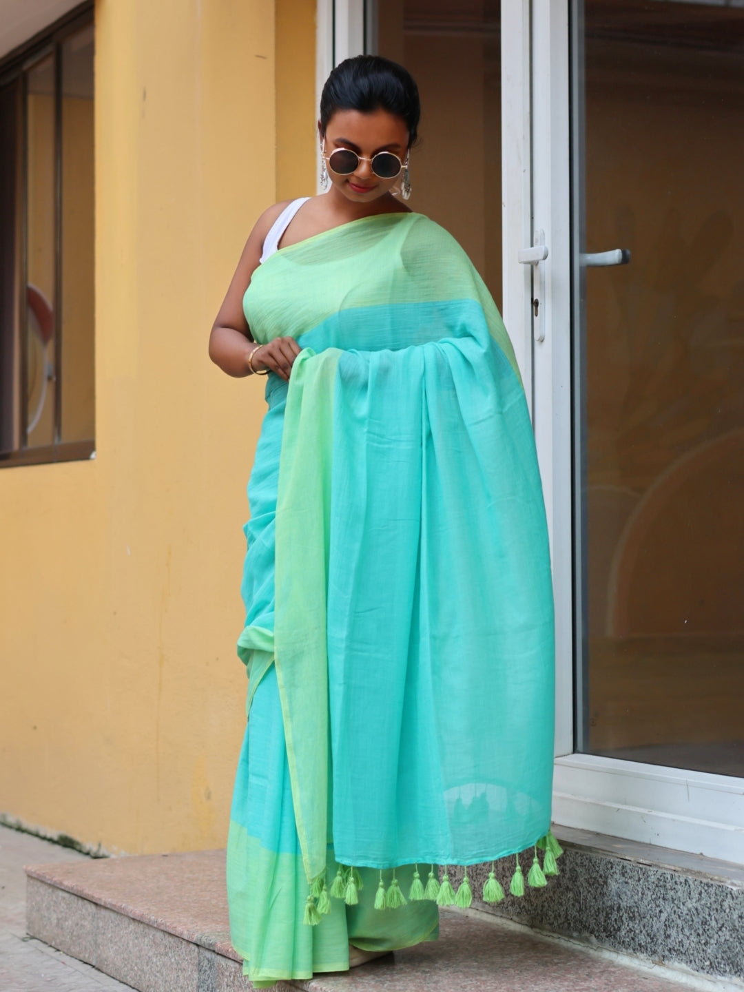 Aqua Bloom Mulmul Cotton Saree