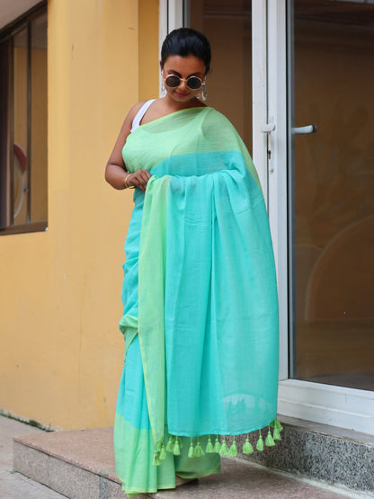 Aqua Bloom Mulmul Cotton Saree