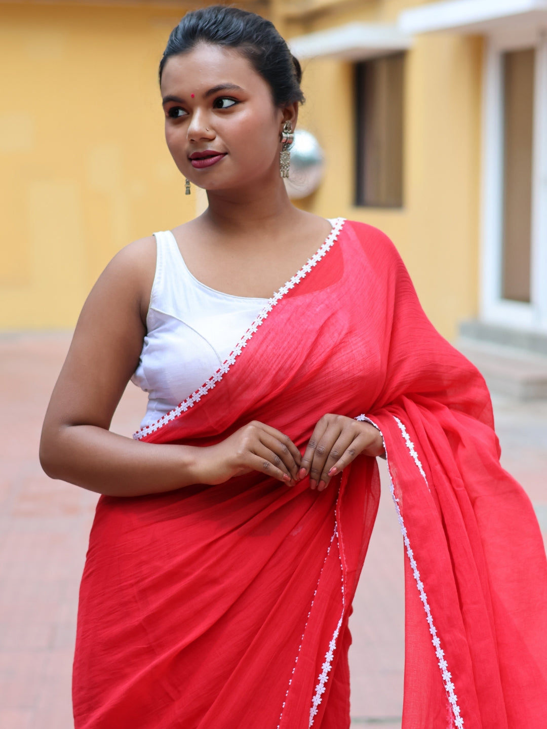 Red Mulmul Cotton Lace Border Saree