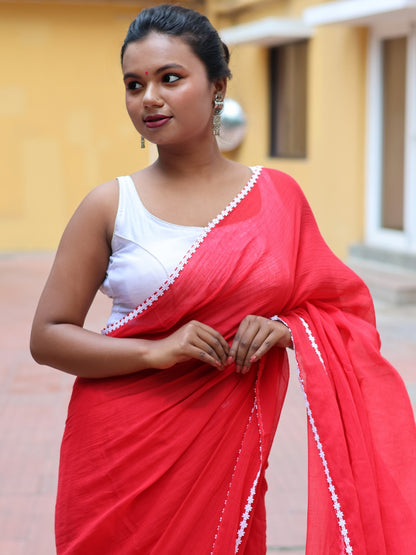 Red Mulmul Cotton Lace Border Saree