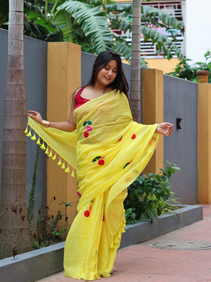Cherry Bloom Mulmul Cotton Saree