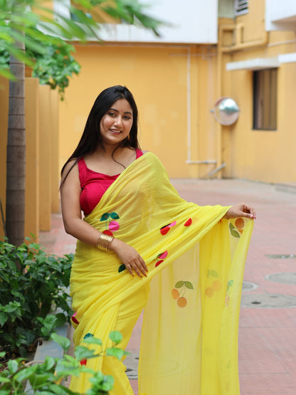 Cherry Bloom Mulmul Cotton Saree