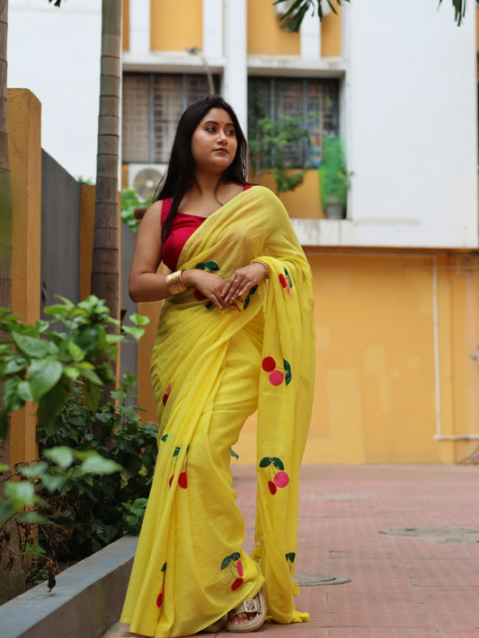 Cherry Bloom Mulmul Cotton Saree