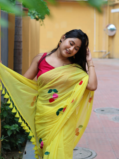 Cherry Bloom Mulmul Cotton Saree