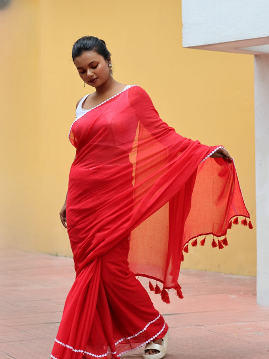 Red Mulmul Cotton Lace Border Saree