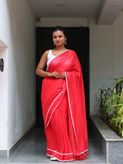 Red Mulmul Cotton Lace Border Saree