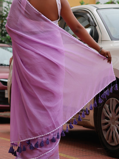 Lavender Mulmul Cotton Lace Border Saree