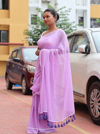 Lavender Mulmul Cotton Lace Border Saree