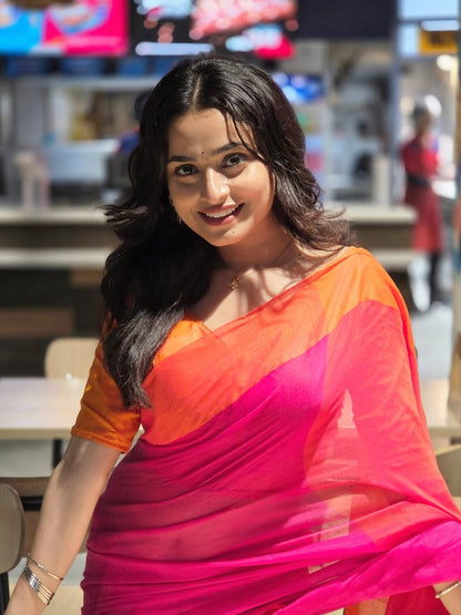 Pink and orange mul cotton saree