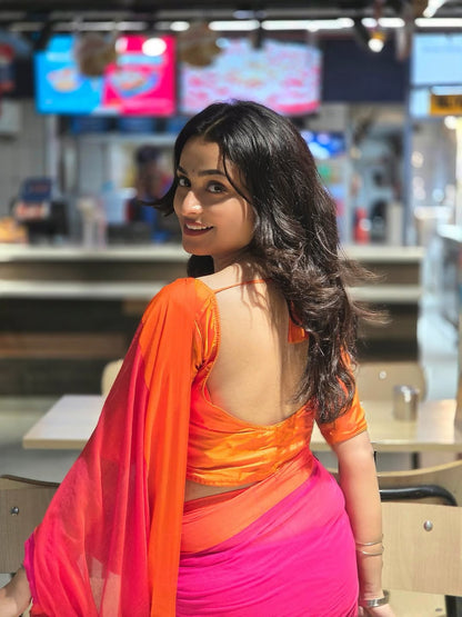 Pink and orange mul cotton saree