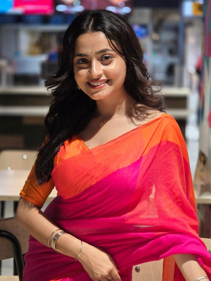 Pink and orange mul cotton saree